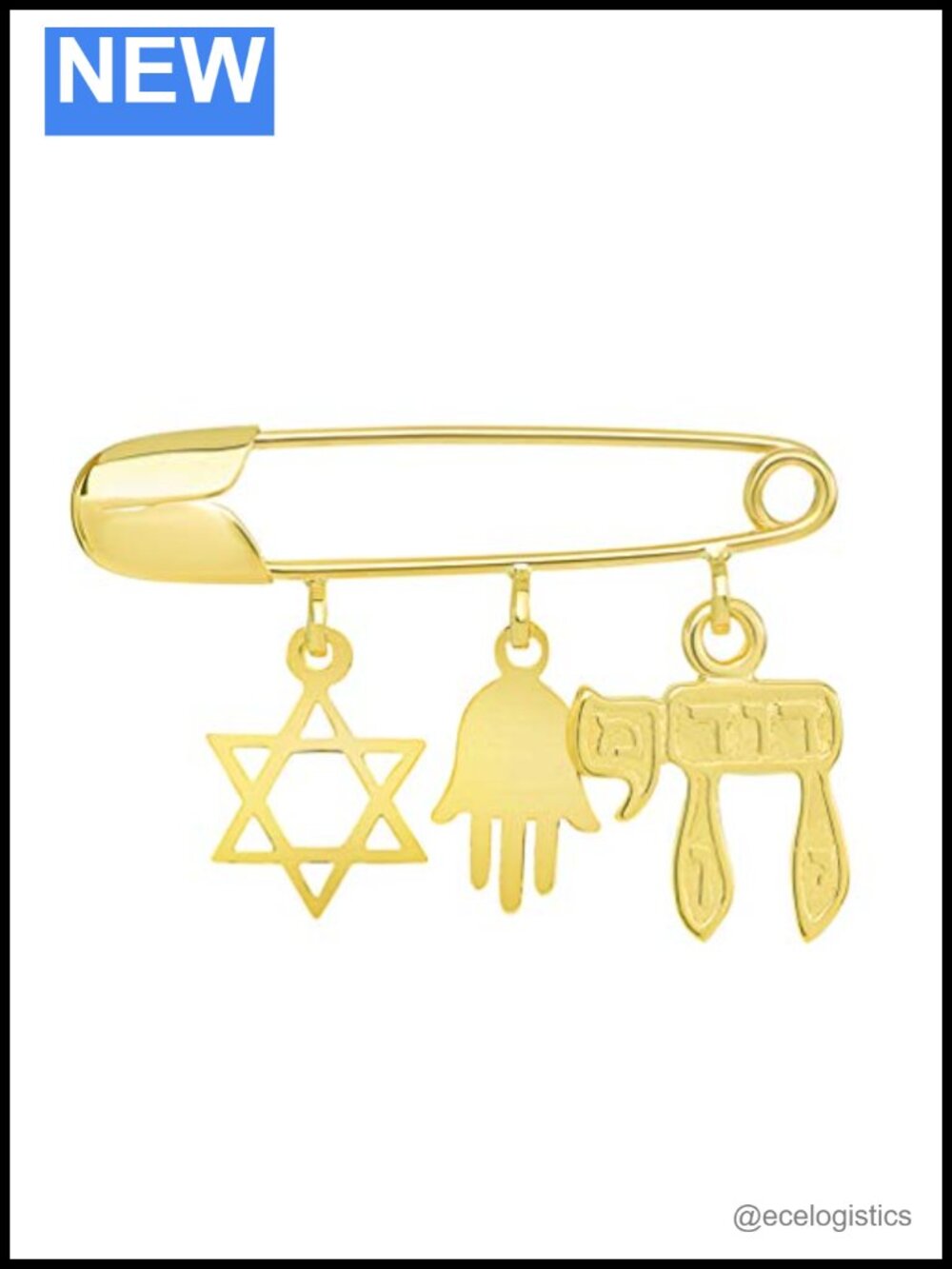 14K Yellow Gold Jewish Symbol Safety Pin with Star of David Hamsa Chai Charms